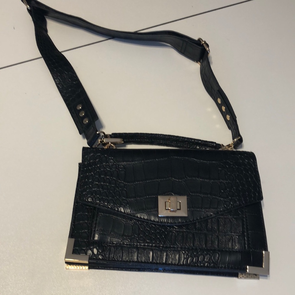 BOGO - Black Faux Alligator Convertible Shoulder Bag